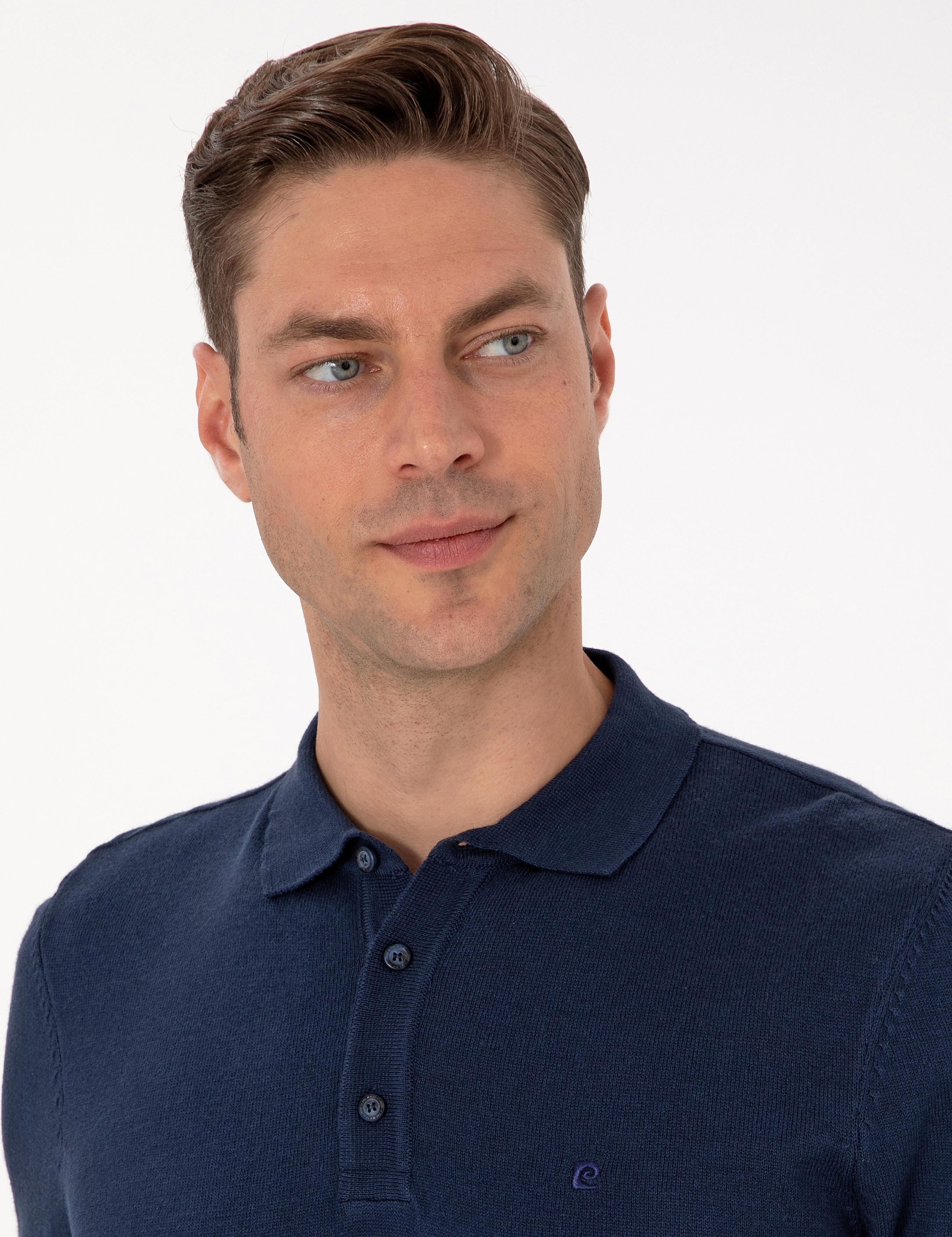 Açık Lacivert Slim Fit Polo Yaka Basic Triko Kazak