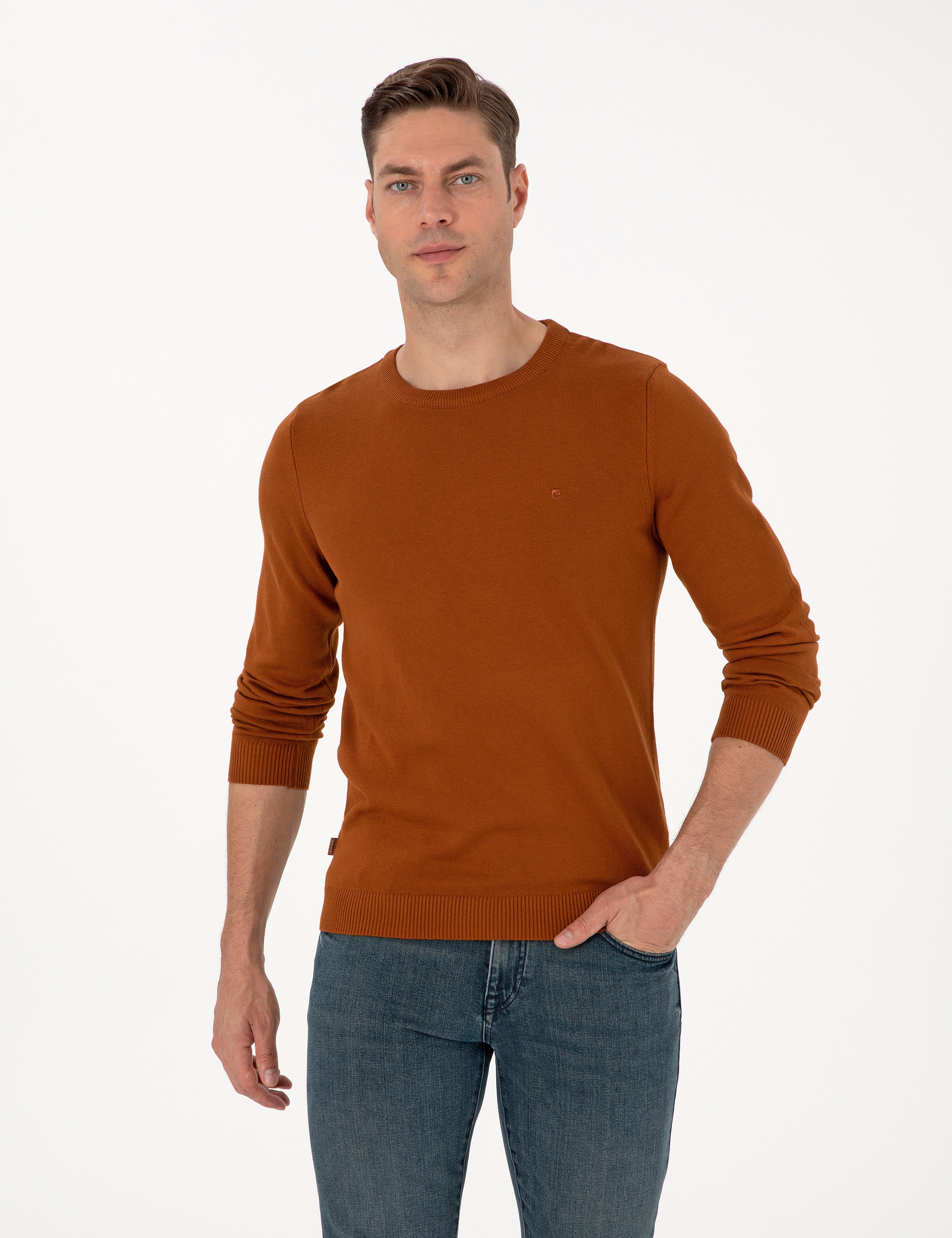 Kahverengi Slim Fit Bisiklet Yaka Basic Triko Kazak - Image 1