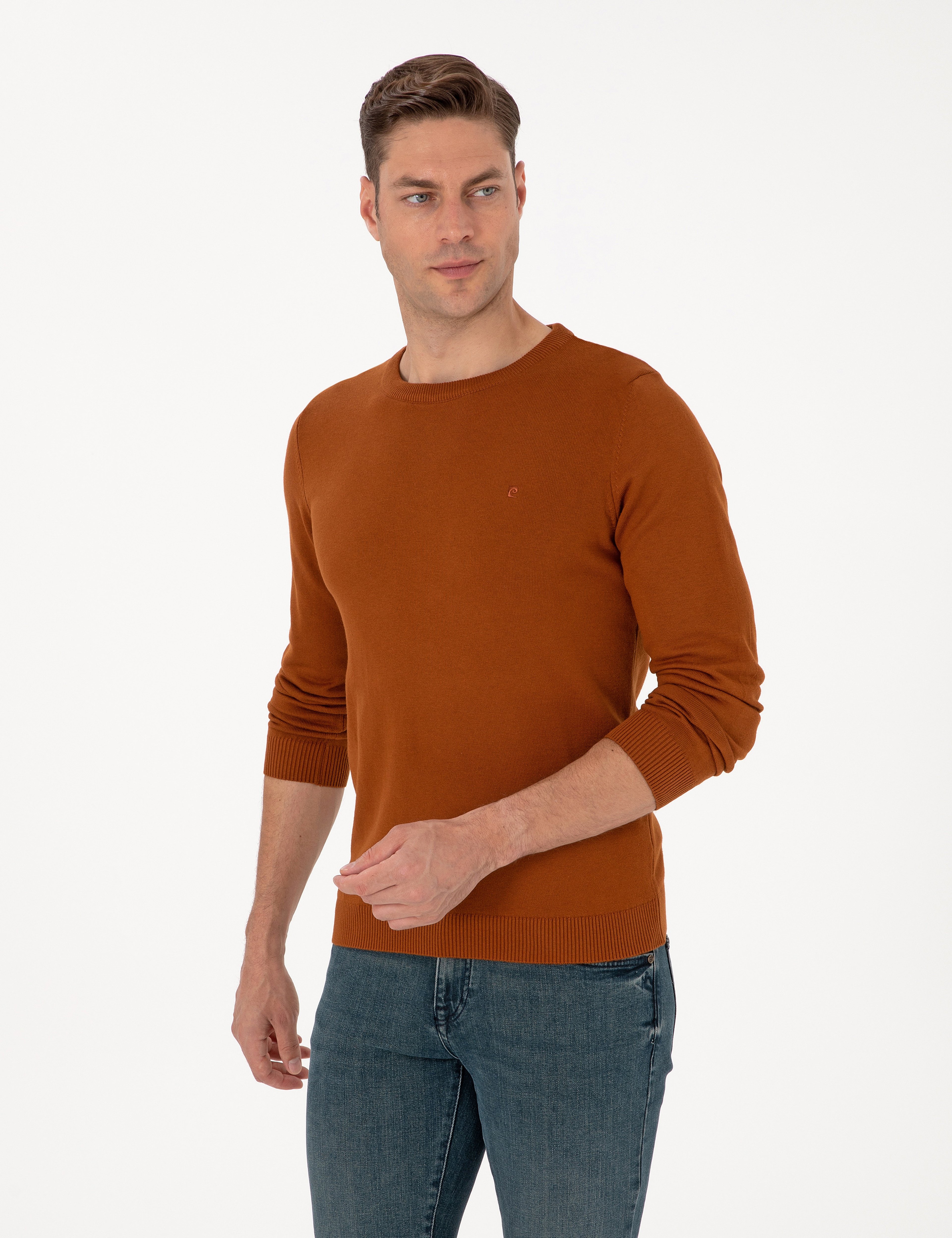 Kahverengi Slim Fit Bisiklet Yaka Basic Triko Kazak - Image 3