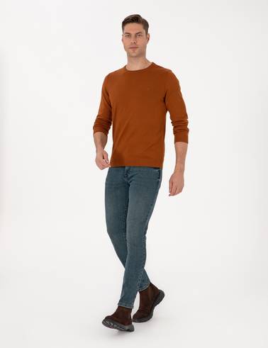 Kahverengi Slim Fit Bisiklet Yaka Basic Triko Kazak