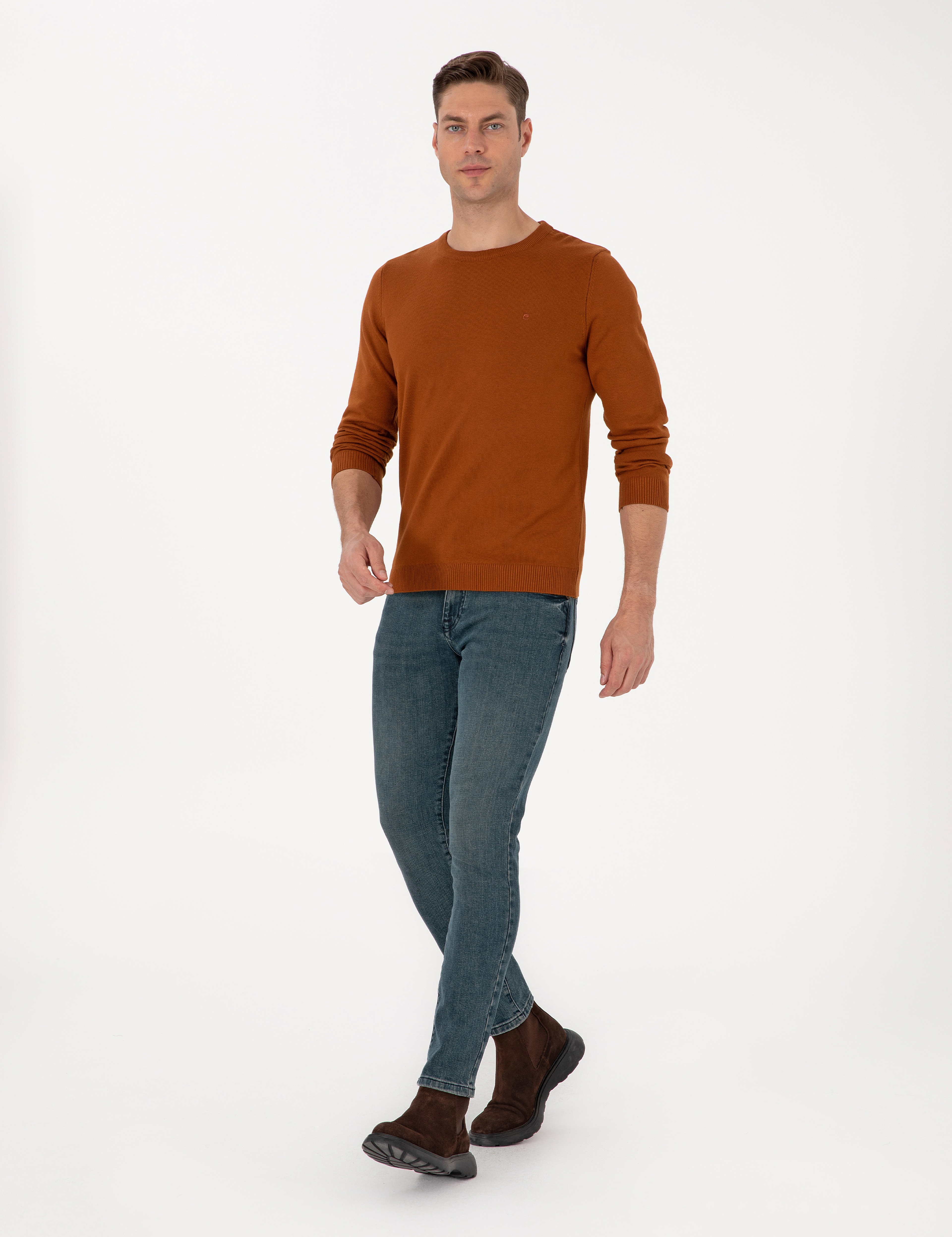 Kahverengi Slim Fit Bisiklet Yaka Basic Triko Kazak - Image 4
