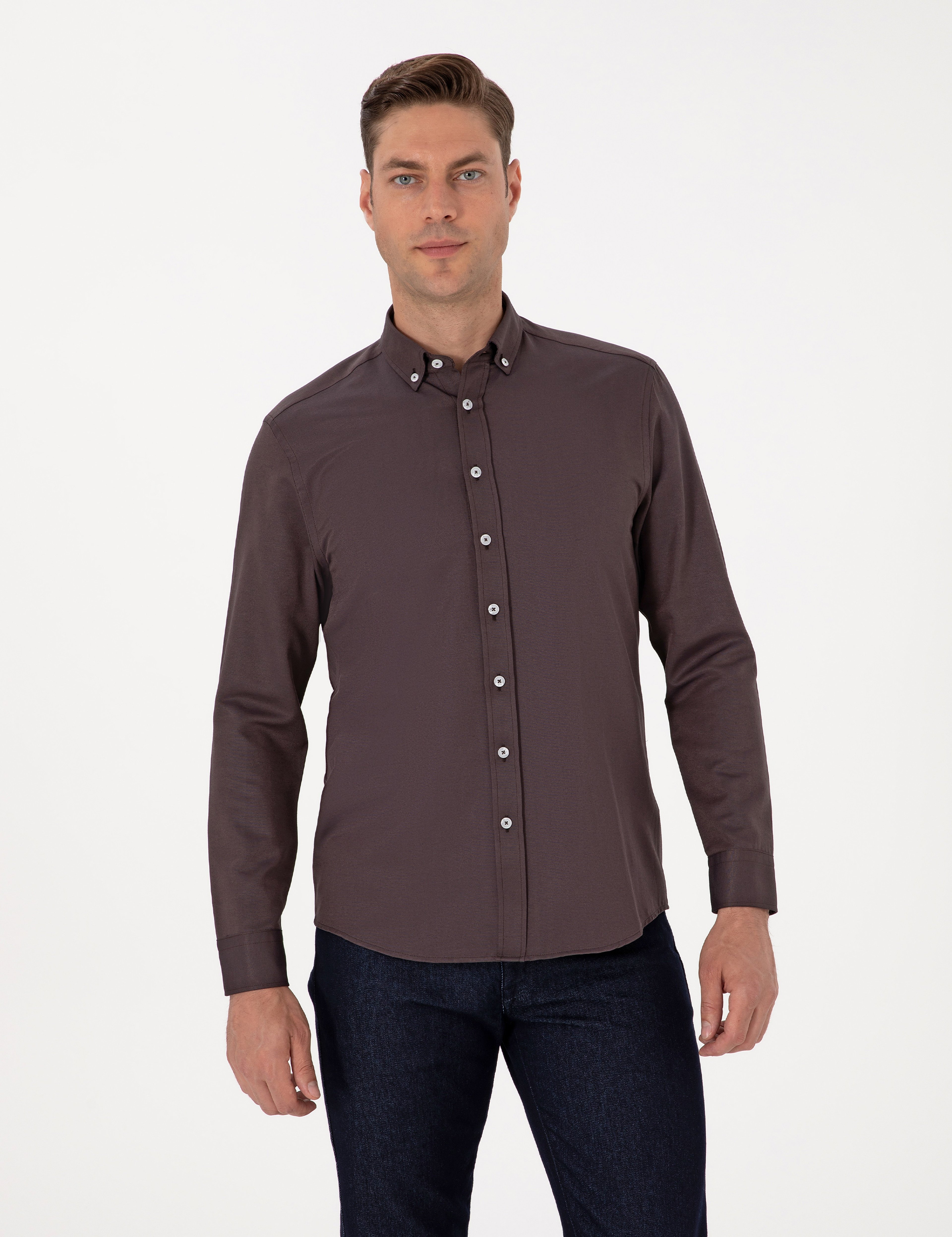 Koyu Kahverengi Regular Fit Uzun Kollu Gömlek - Image 1