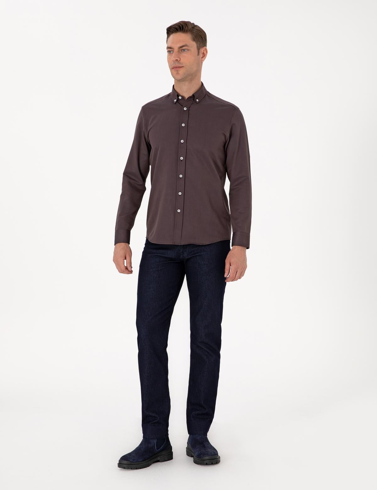 Koyu Kahverengi Regular Fit Uzun Kollu Gömlek - 50311487105