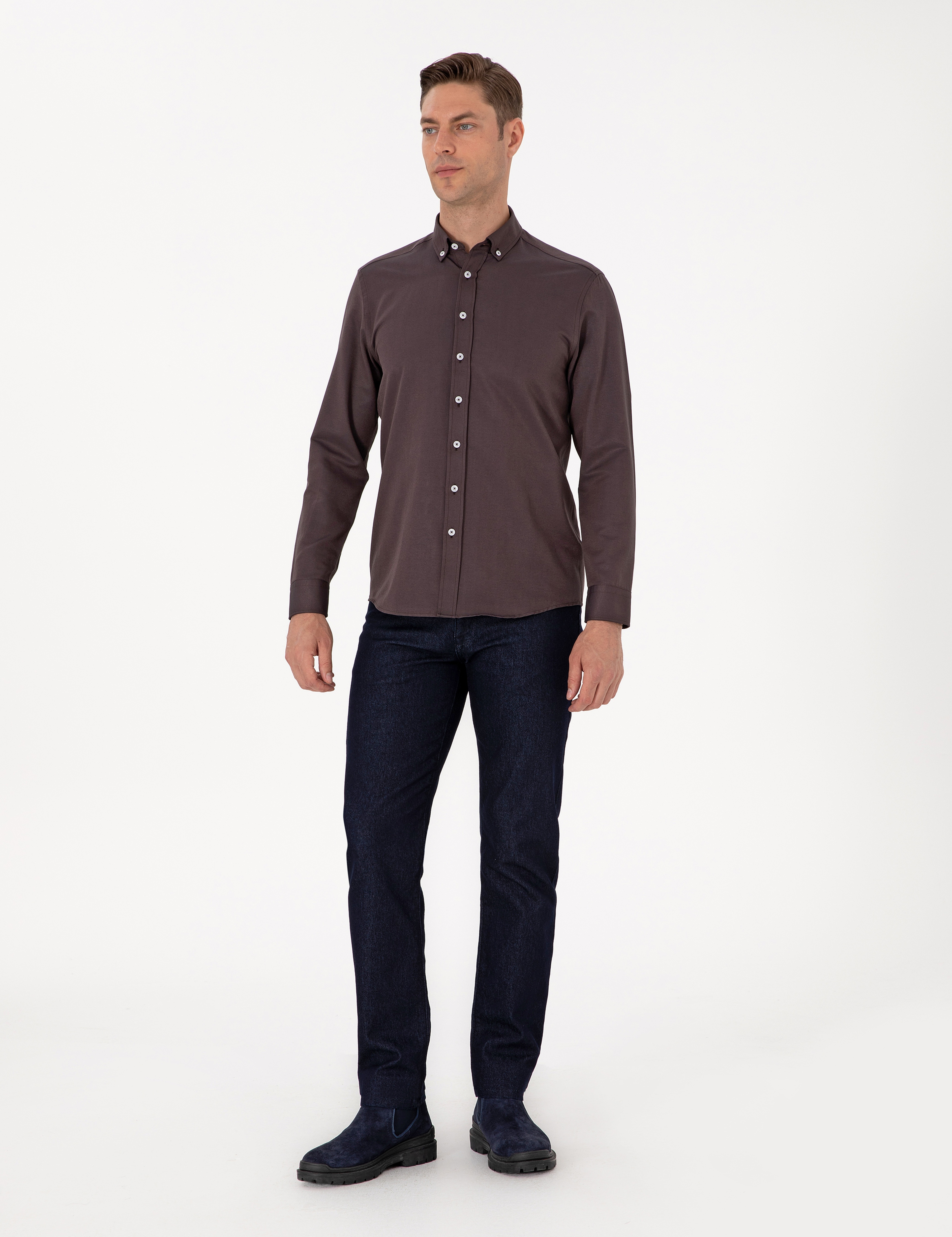 Koyu Kahverengi Regular Fit Uzun Kollu Gömlek - Image 4