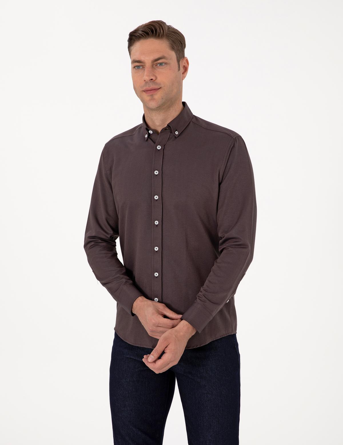 Koyu Kahverengi Regular Fit Uzun Kollu Gömlek - 50311487105