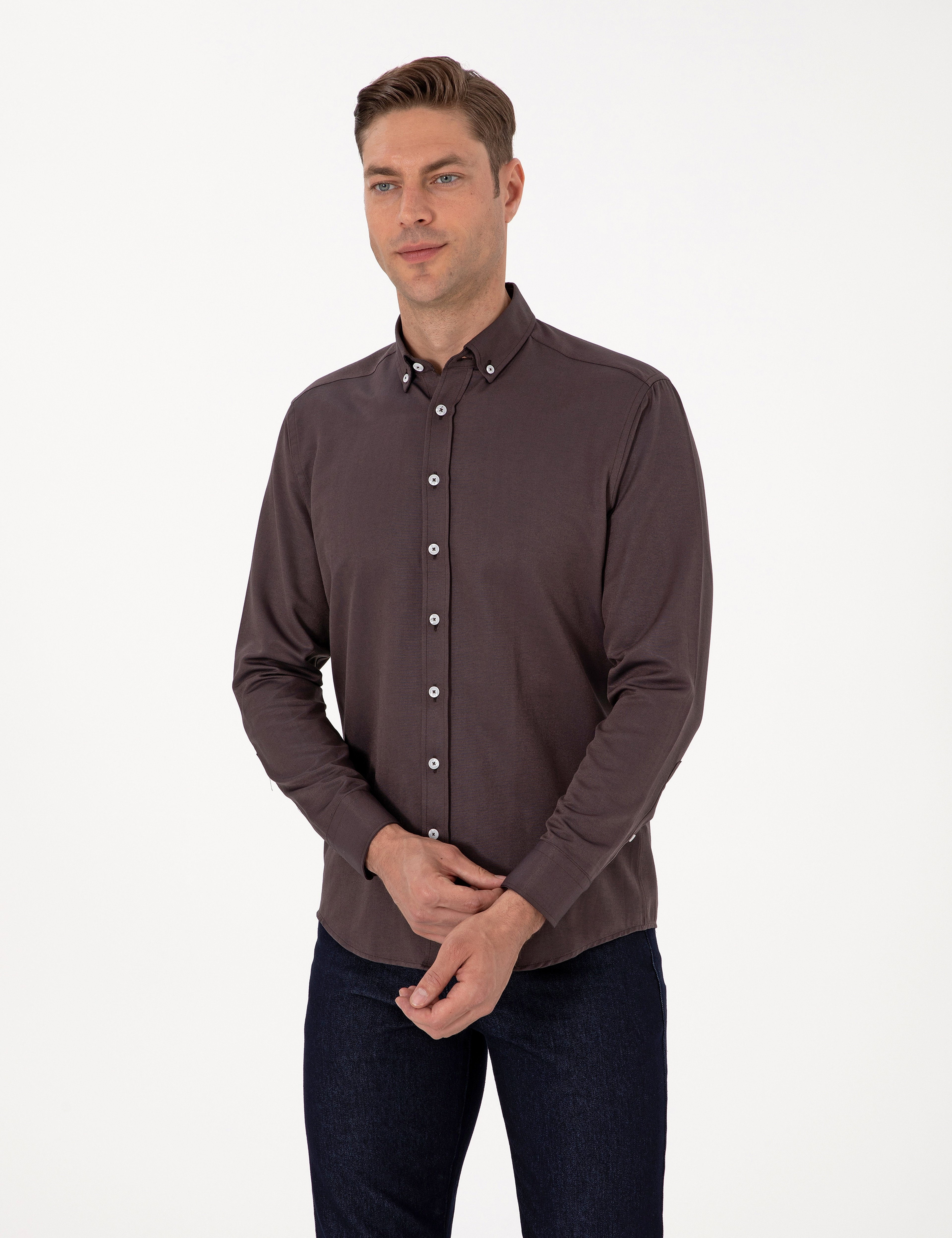 Koyu Kahverengi Regular Fit Uzun Kollu Gömlek - Image 3
