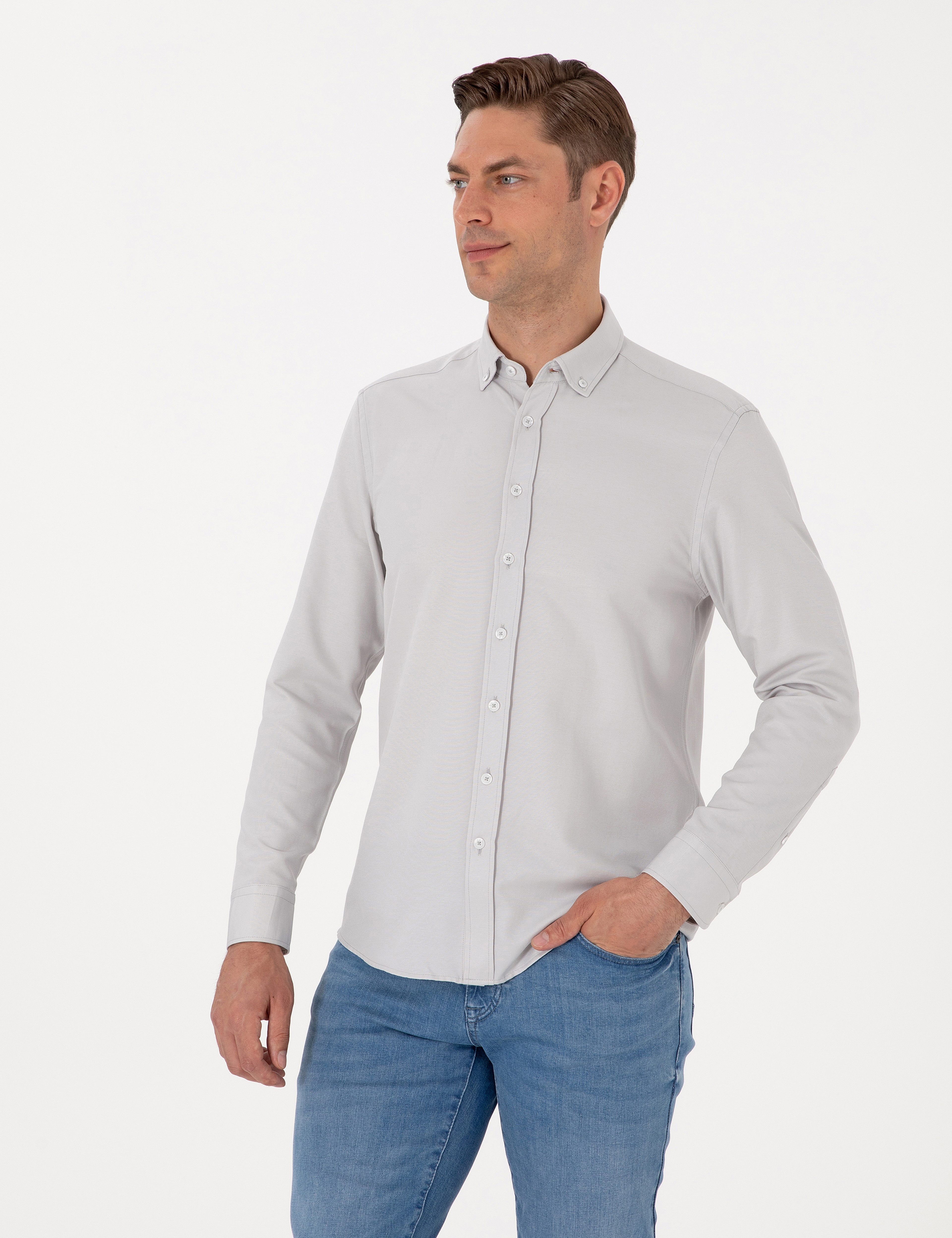 Gri Regular Fit Uzun Kollu Gömlek - Image 3