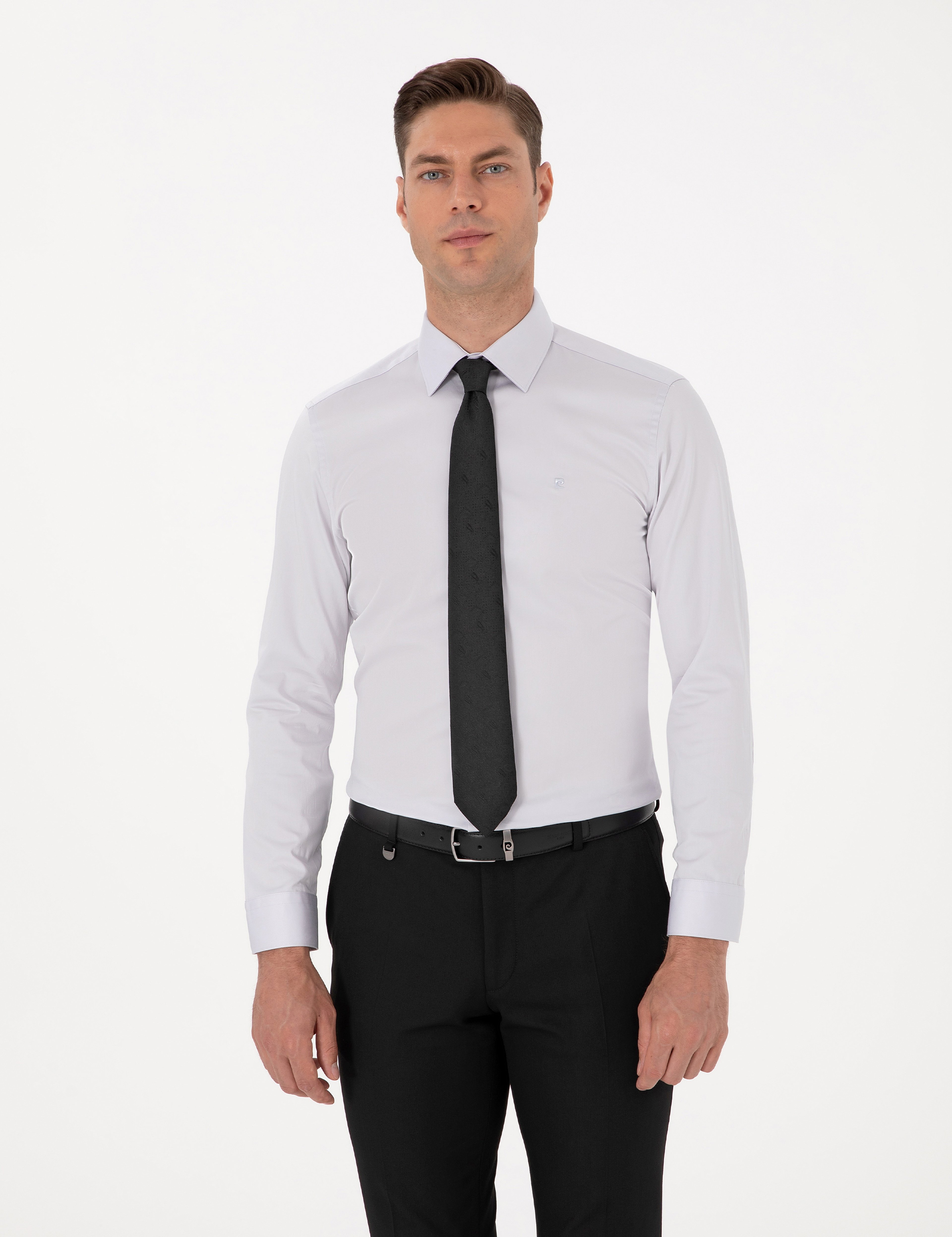 Gri %100 Pamuk Slim Fit Uzun Kollu Basic Gömlek - Image 1