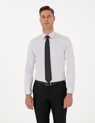 Gri %100 Pamuk Slim Fit Uzun Kollu Basic Gömlek