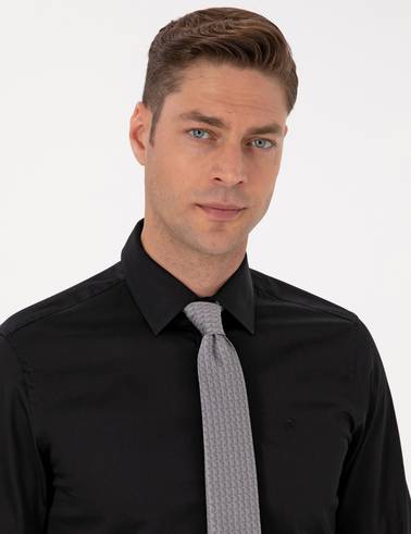 Siyah %100 Pamuk Parlak Saten Slim Fit Uzun Kollu Basic Gömlek