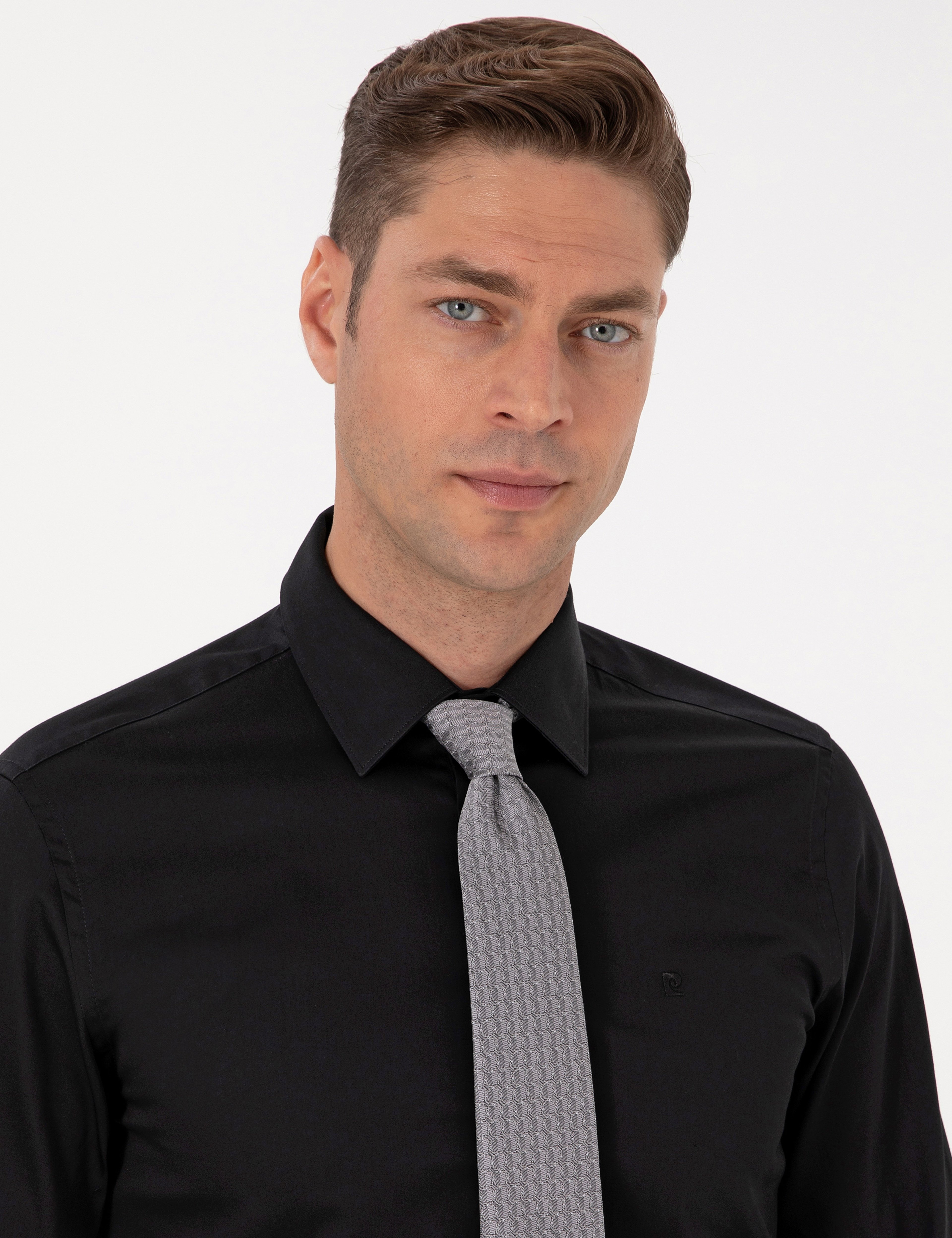 Siyah %100 Pamuk Parlak Saten Slim Fit Uzun Kollu Basic Gömlek