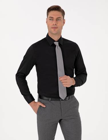 Siyah %100 Pamuk Parlak Saten Slim Fit Uzun Kollu Basic Gömlek