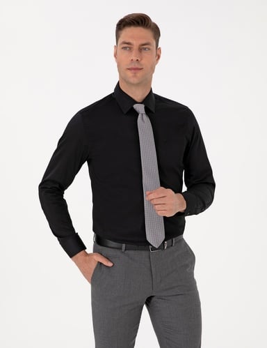 Siyah %100 Pamuk Parlak Saten Slim Fit Uzun Kollu Basic Gömlek