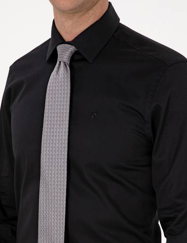 Siyah %100 Pamuk Parlak Saten Slim Fit Uzun Kollu Basic Gömlek