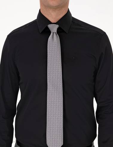 Siyah %100 Pamuk Parlak Saten Slim Fit Uzun Kollu Basic Gömlek