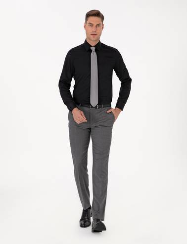 Siyah %100 Pamuk Parlak Saten Slim Fit Uzun Kollu Basic Gömlek