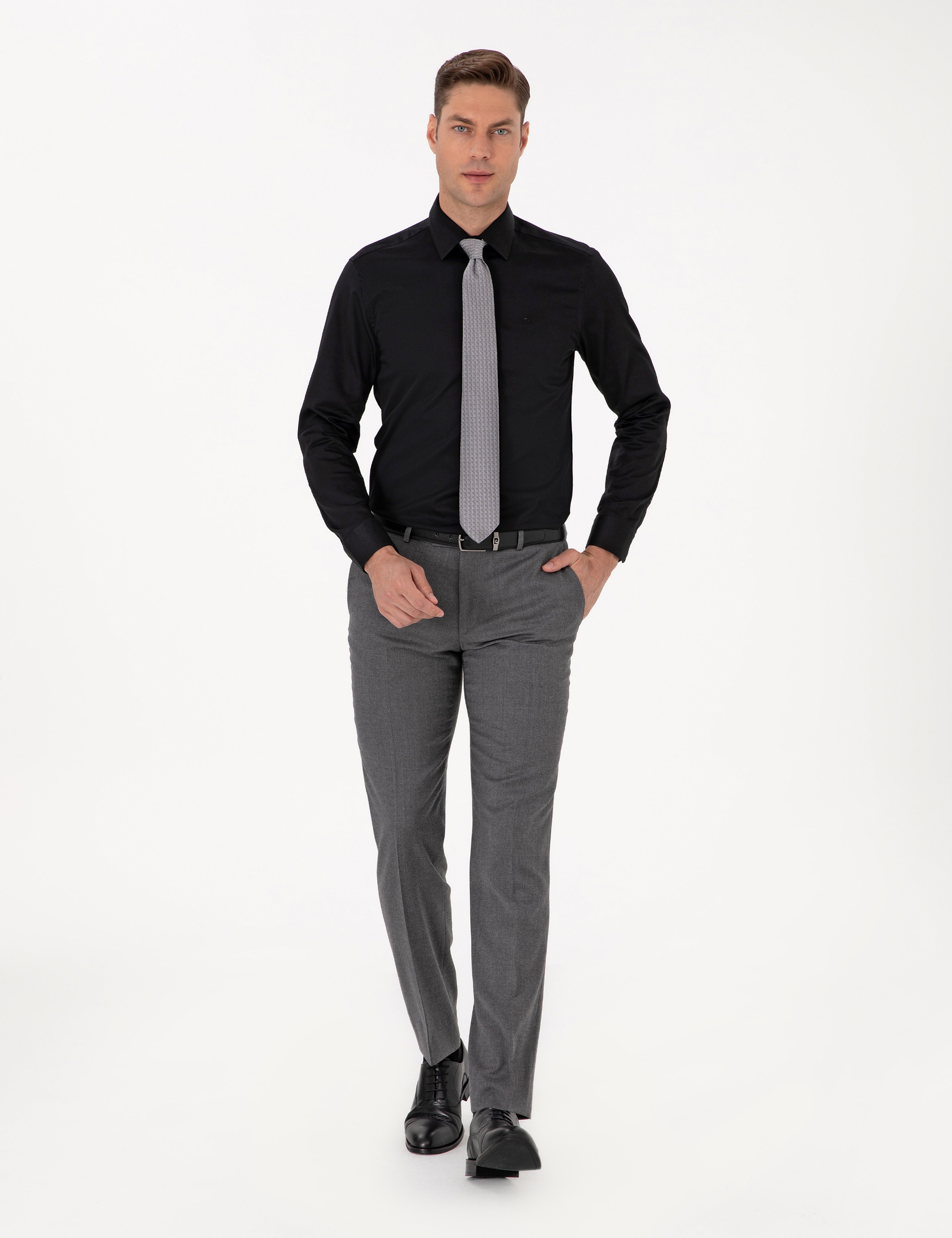 Siyah %100 Pamuk Parlak Saten Slim Fit Uzun Kollu Basic Gömlek