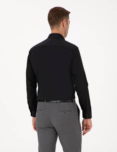 Siyah %100 Pamuk Parlak Saten Slim Fit Uzun Kollu Basic Gömlek