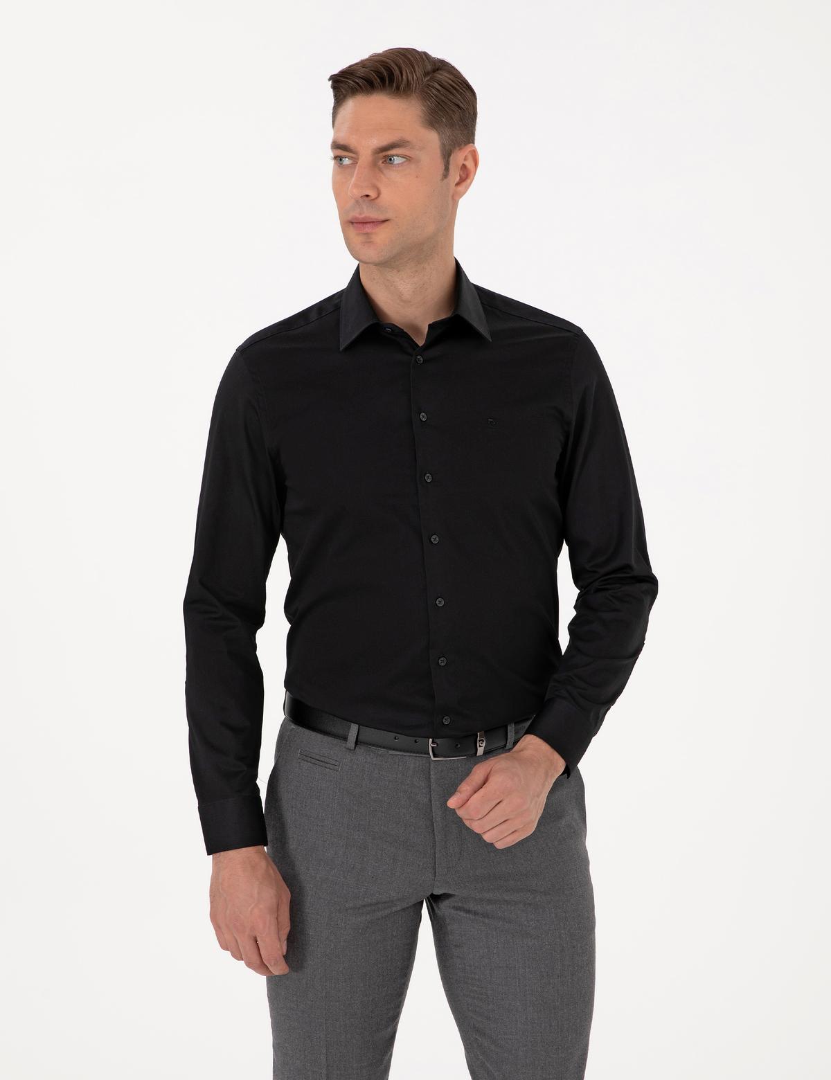 Siyah Slim Fit Uzun Kollu Basic Gömlek - 50315407033