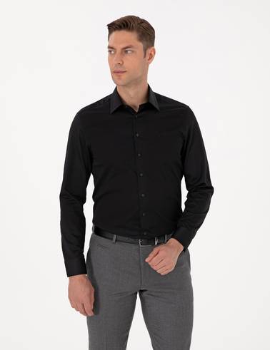 Siyah %100 Pamuk Parlak Saten Slim Fit Uzun Kollu Basic Gömlek