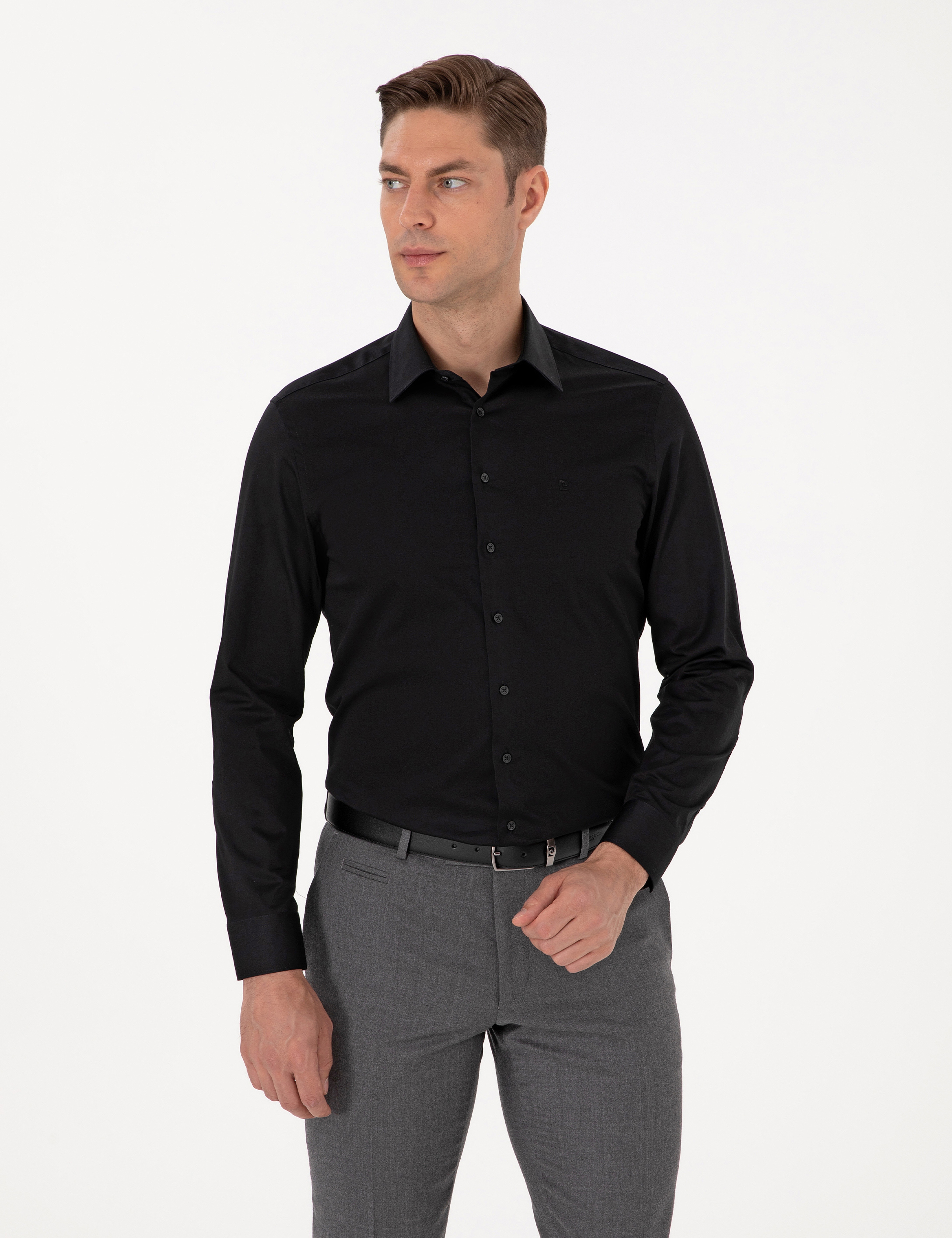 Siyah %100 Pamuk Parlak Saten Slim Fit Uzun Kollu Basic Gömlek - Image 3