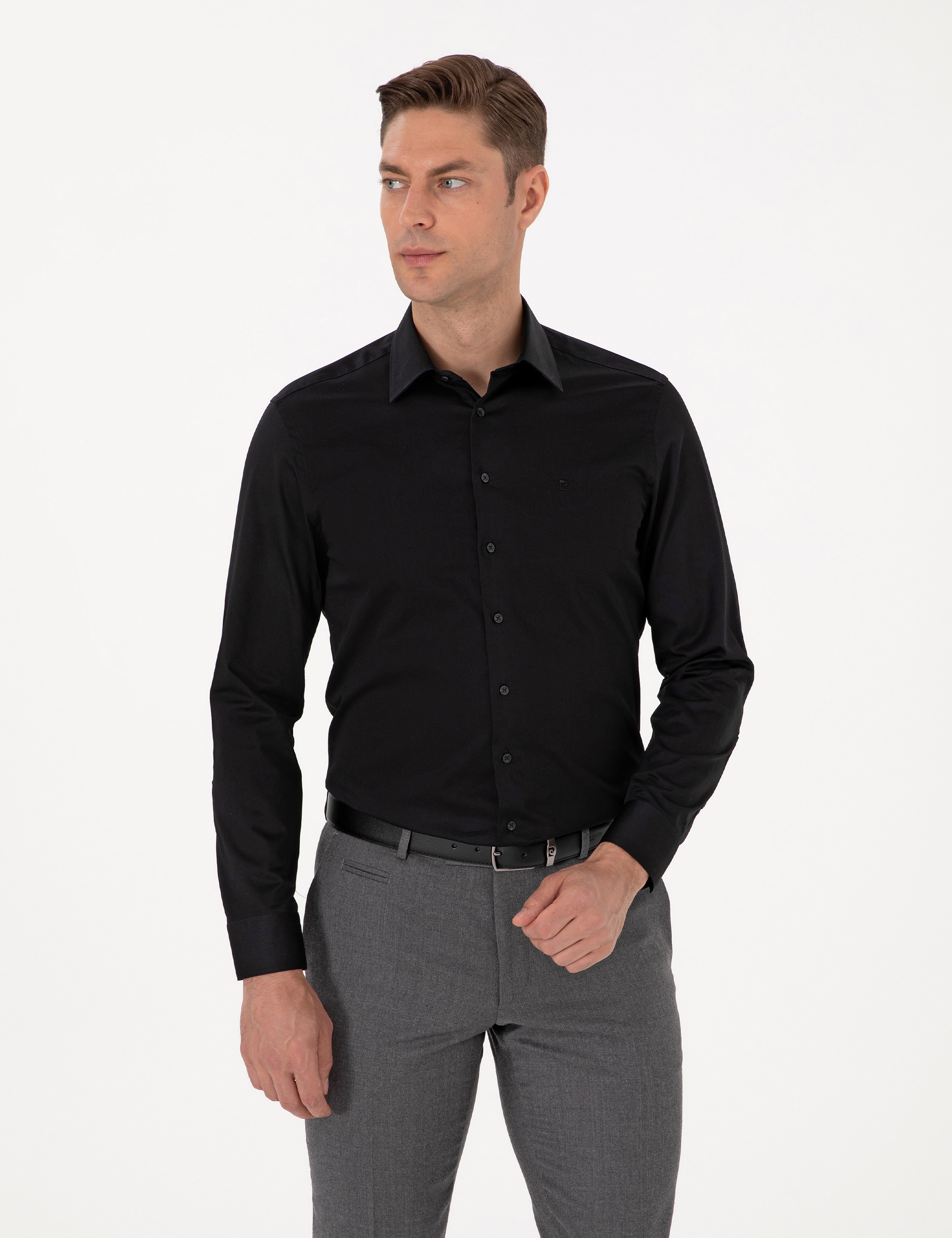 Siyah %100 Pamuk Parlak Saten Slim Fit Uzun Kollu Basic Gömlek