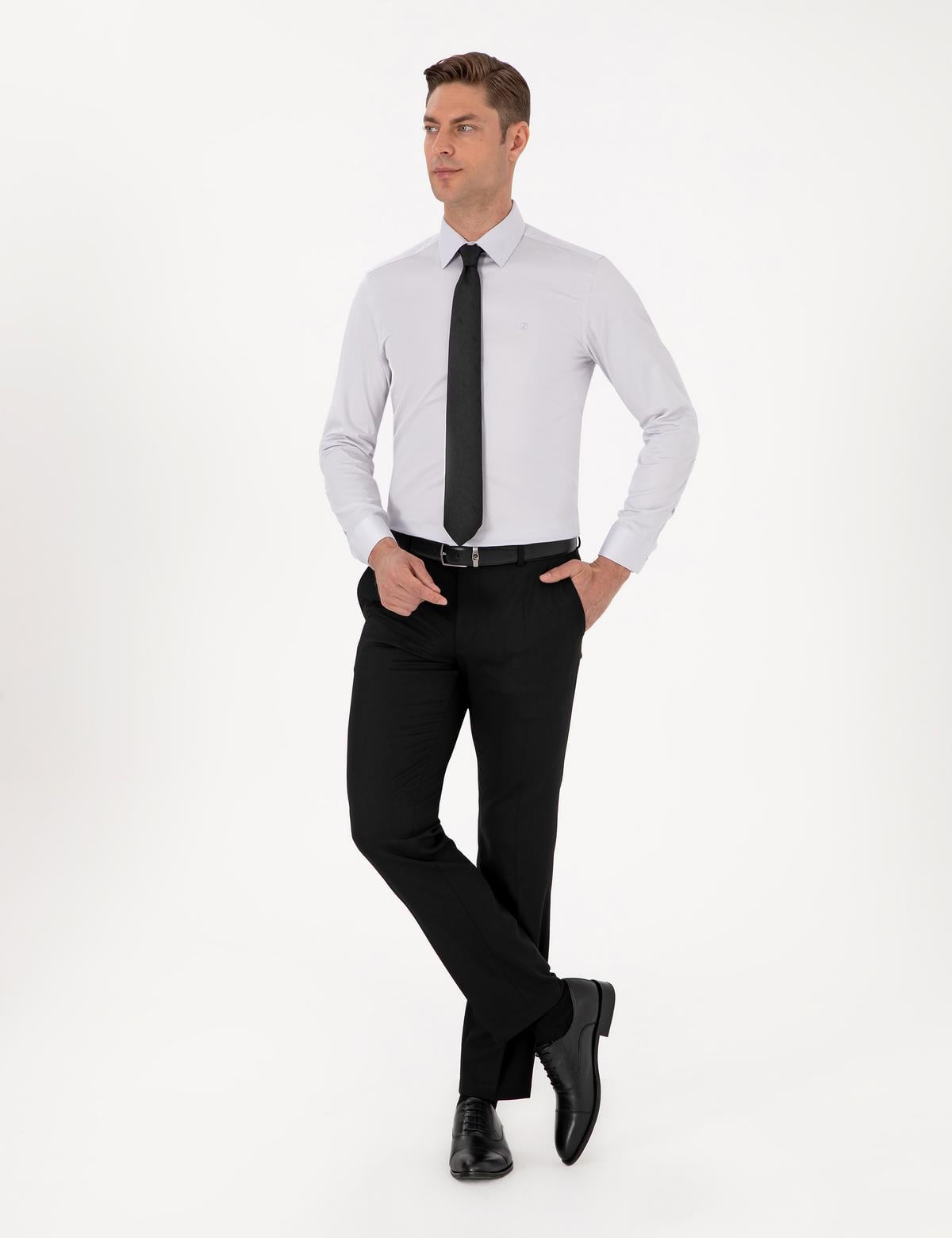 Gri Slim Fit Uzun Kollu Basic Gömlek - 50315407025