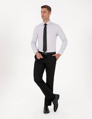 Gri %100 Pamuk Slim Fit Uzun Kollu Basic Gömlek