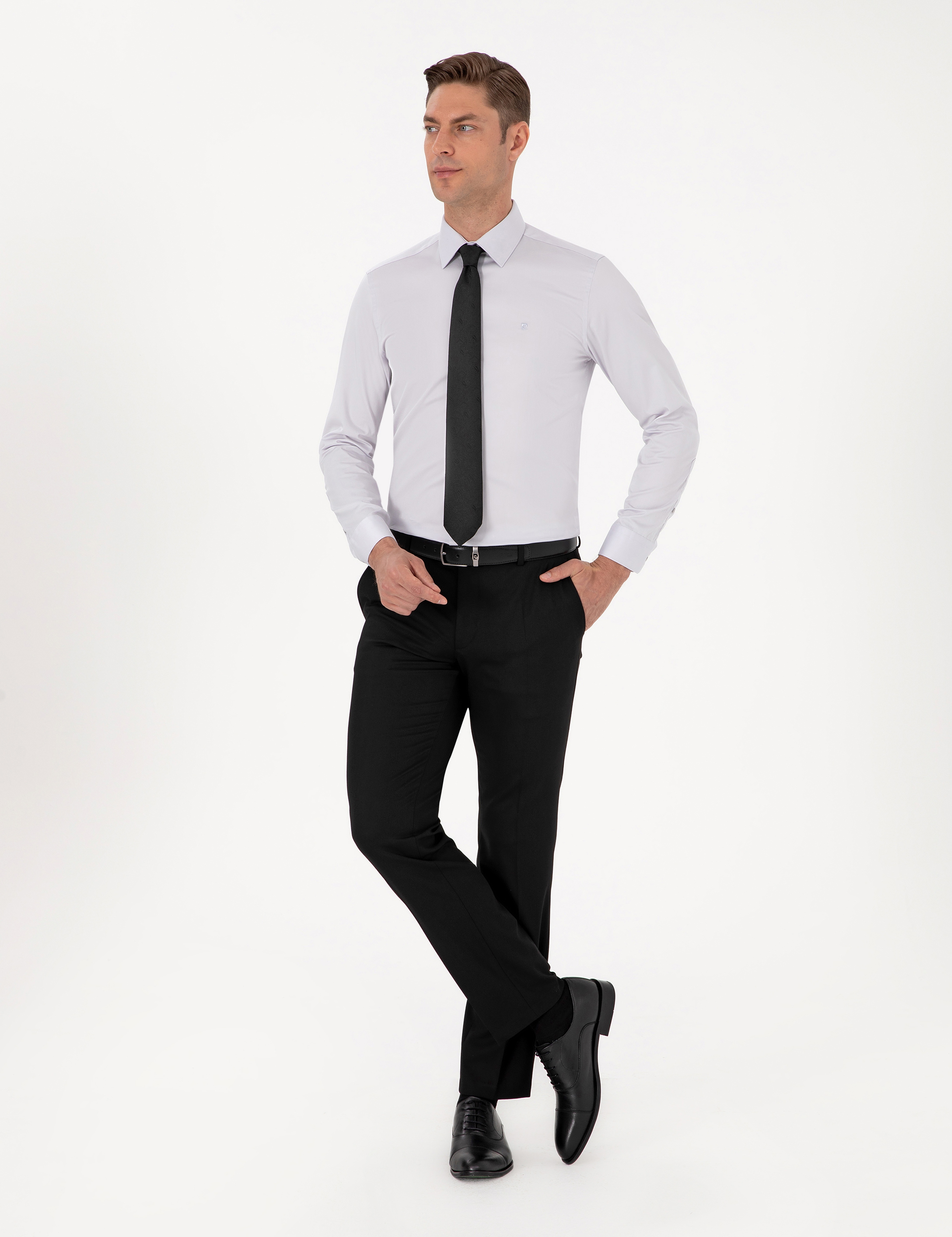 Gri %100 Pamuk Slim Fit Uzun Kollu Basic Gömlek - Image 4