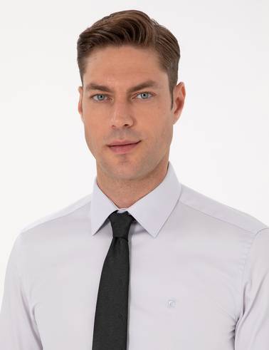 Gri %100 Pamuk Slim Fit Uzun Kollu Basic Gömlek