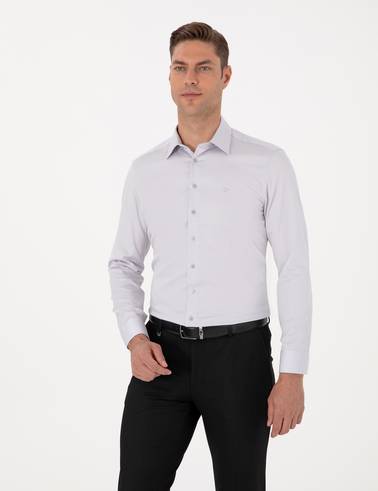 Gri %100 Pamuk Slim Fit Uzun Kollu Basic Gömlek