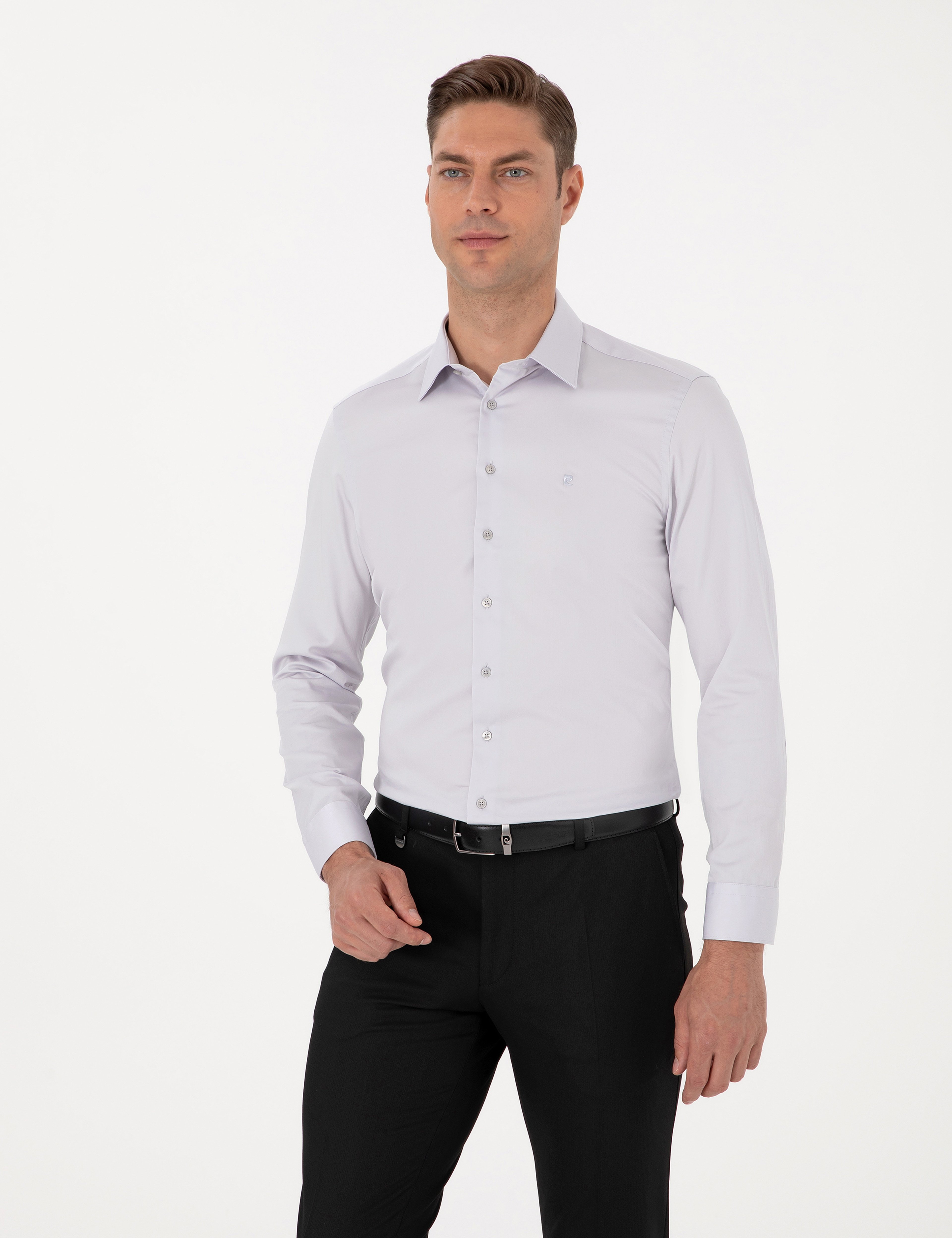 Gri %100 Pamuk Slim Fit Uzun Kollu Basic Gömlek - Image 3