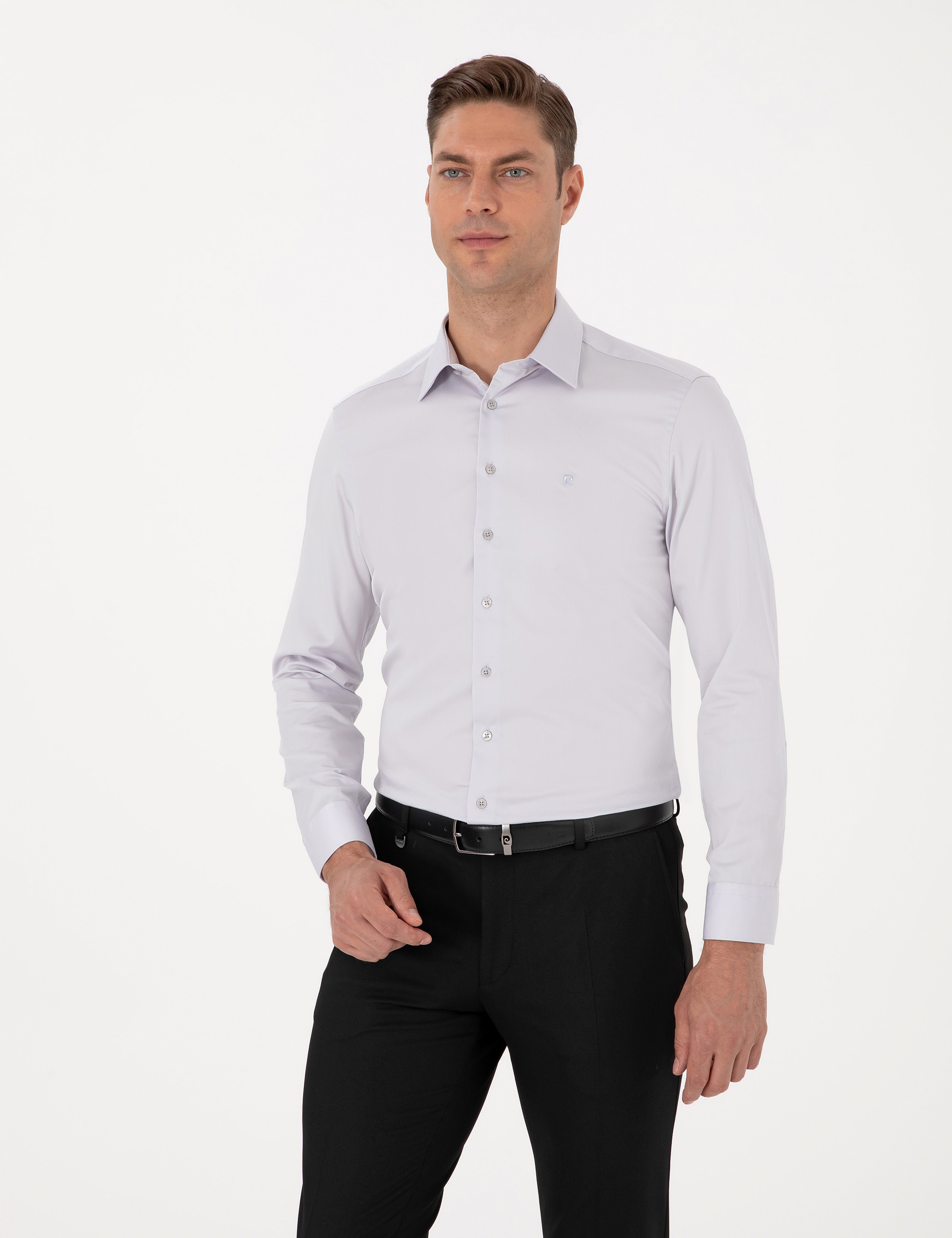 Gri %100 Pamuk Slim Fit Uzun Kollu Basic Gömlek