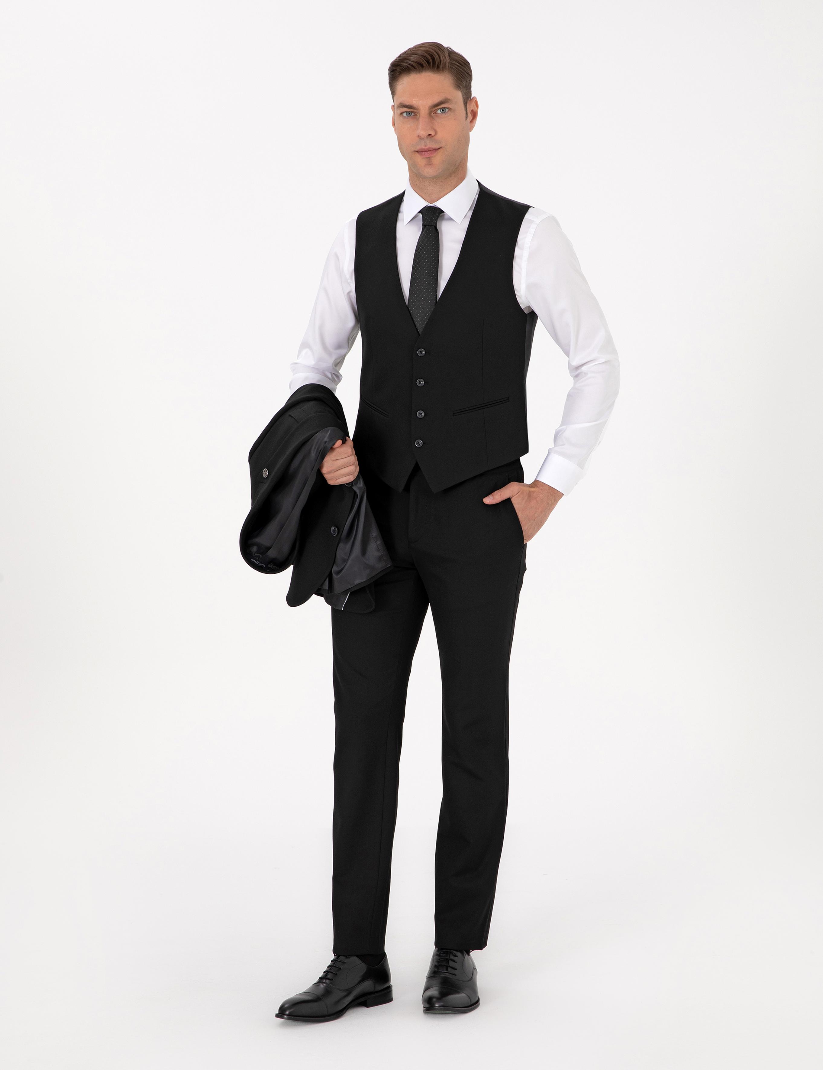 Siyah Slim Fit Yelekli Takım Elbise