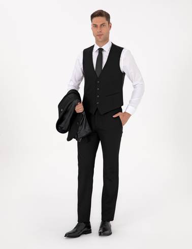 Siyah Slim Fit Yelekli Takım Elbise