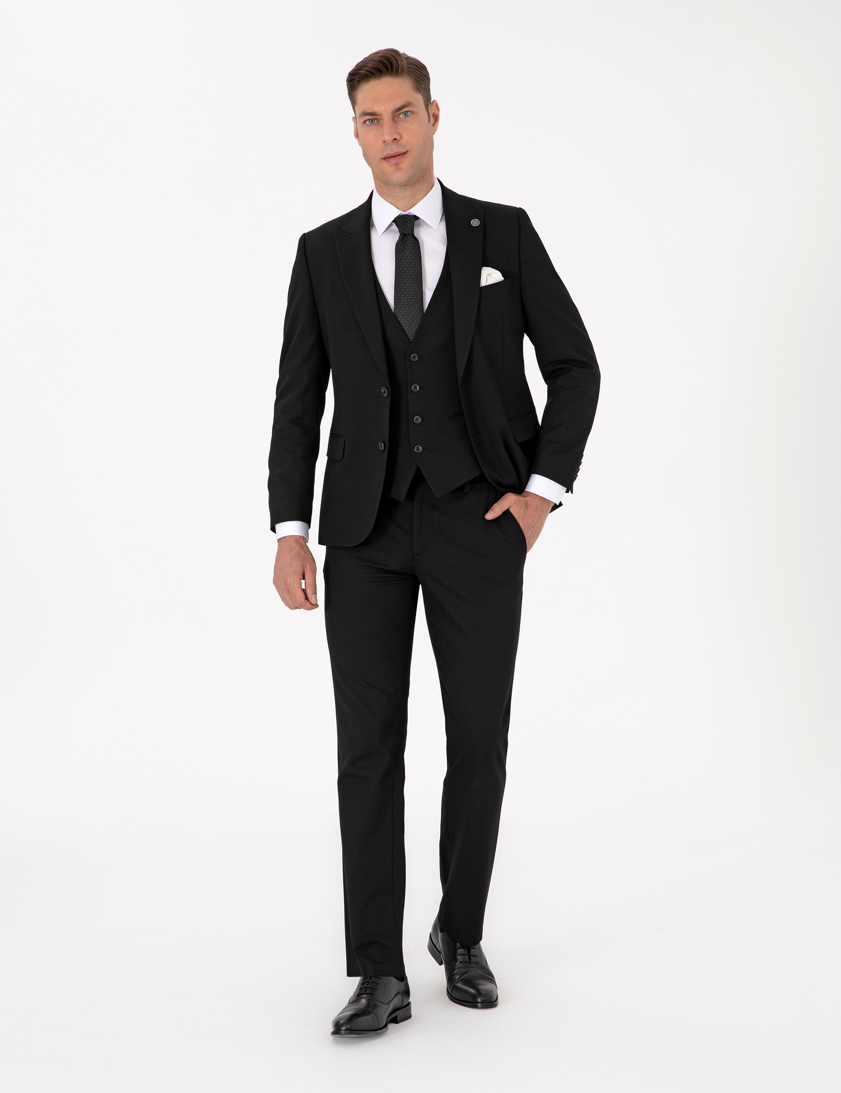 Siyah Slim Fit Yelekli Takım Elbise