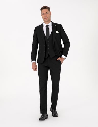 Siyah Slim Fit Yelekli Takım Elbise