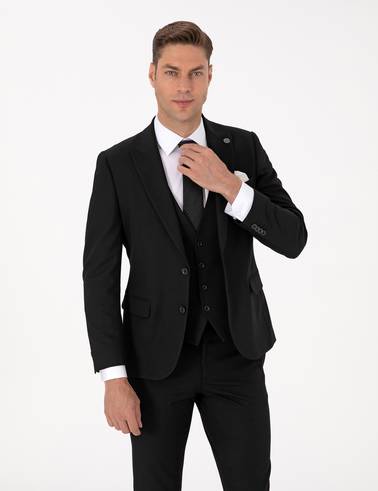 Siyah Slim Fit Yelekli Takım Elbise