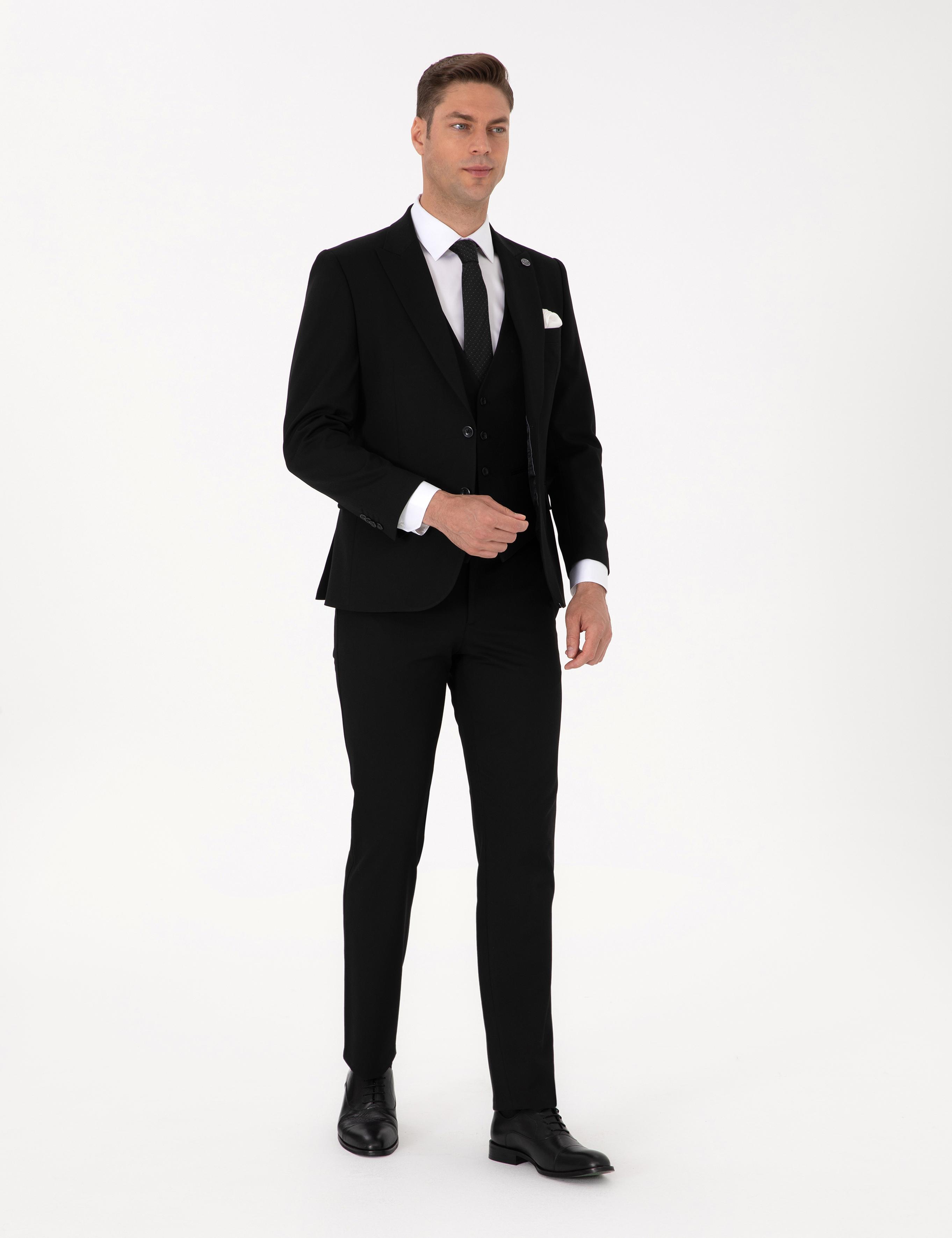 Siyah Slim Fit Yelekli Takım Elbise