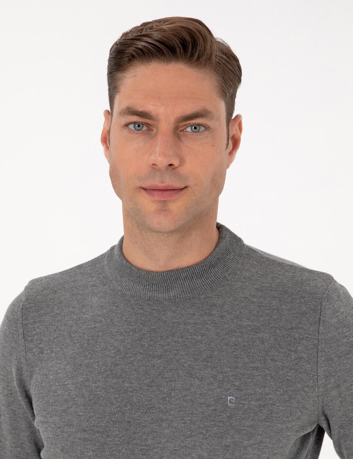 Gri Melanj Slim Fit Çeyrek Yaka Basic Triko Kazak - 50315456036