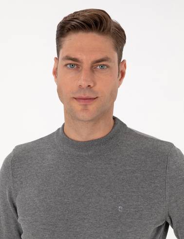 Gri Melanj Slim Fit Çeyrek Yaka Basic Triko Kazak