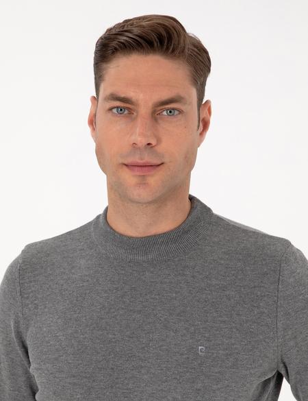 Gri Melanj Slim Fit Çeyrek Yaka Basic Triko Kazak - 50315456036