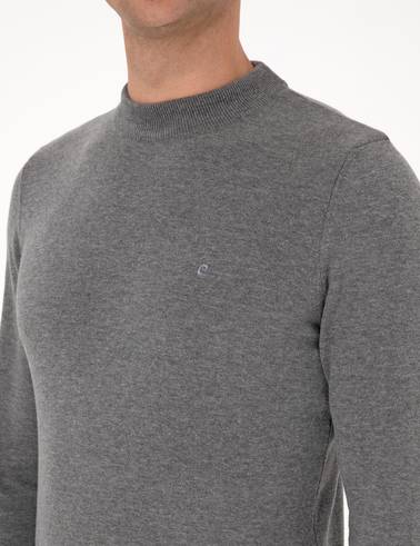 Gri Melanj Slim Fit Çeyrek Yaka Basic Triko Kazak