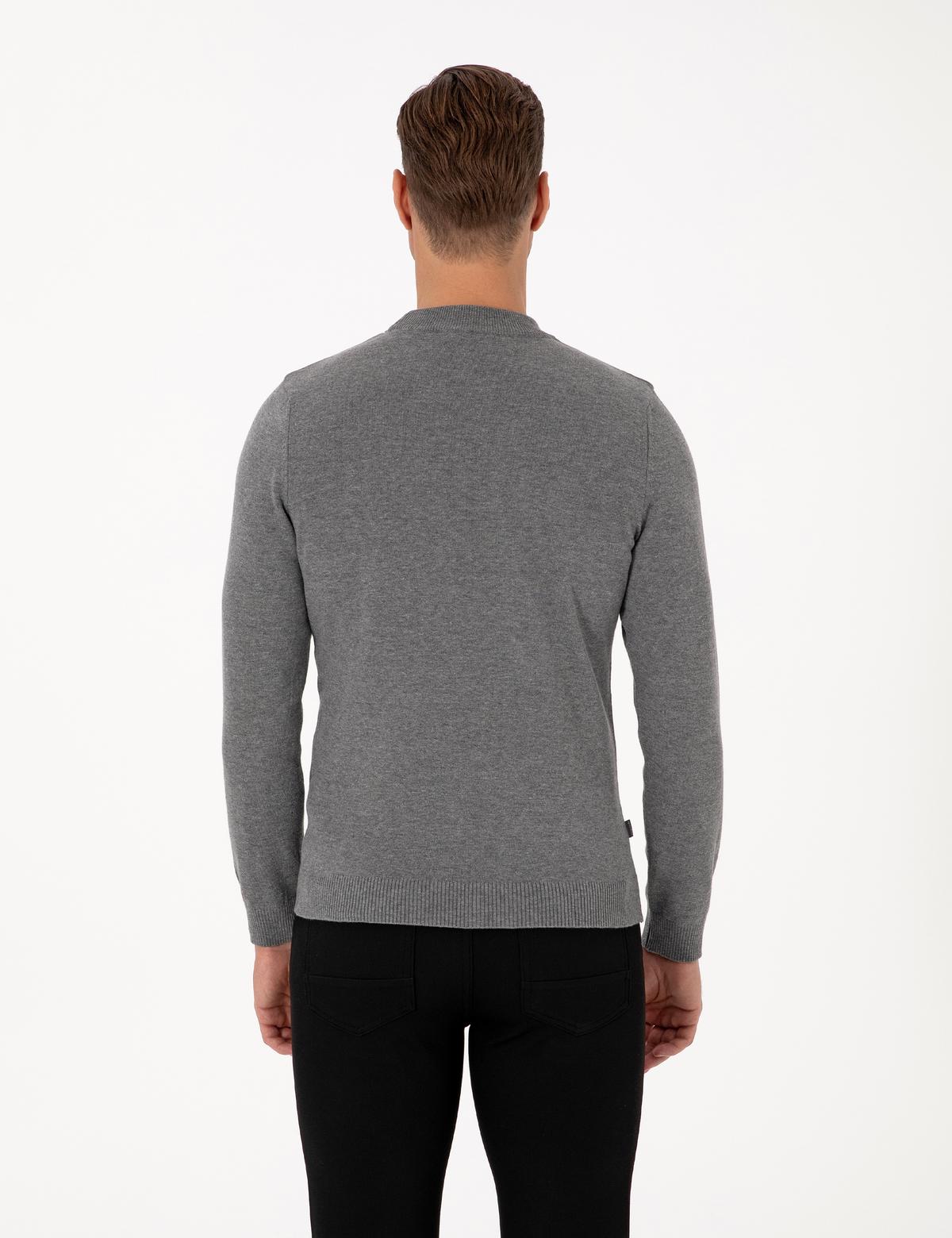 Gri Melanj Slim Fit Çeyrek Yaka Basic Triko Kazak - 50315456036