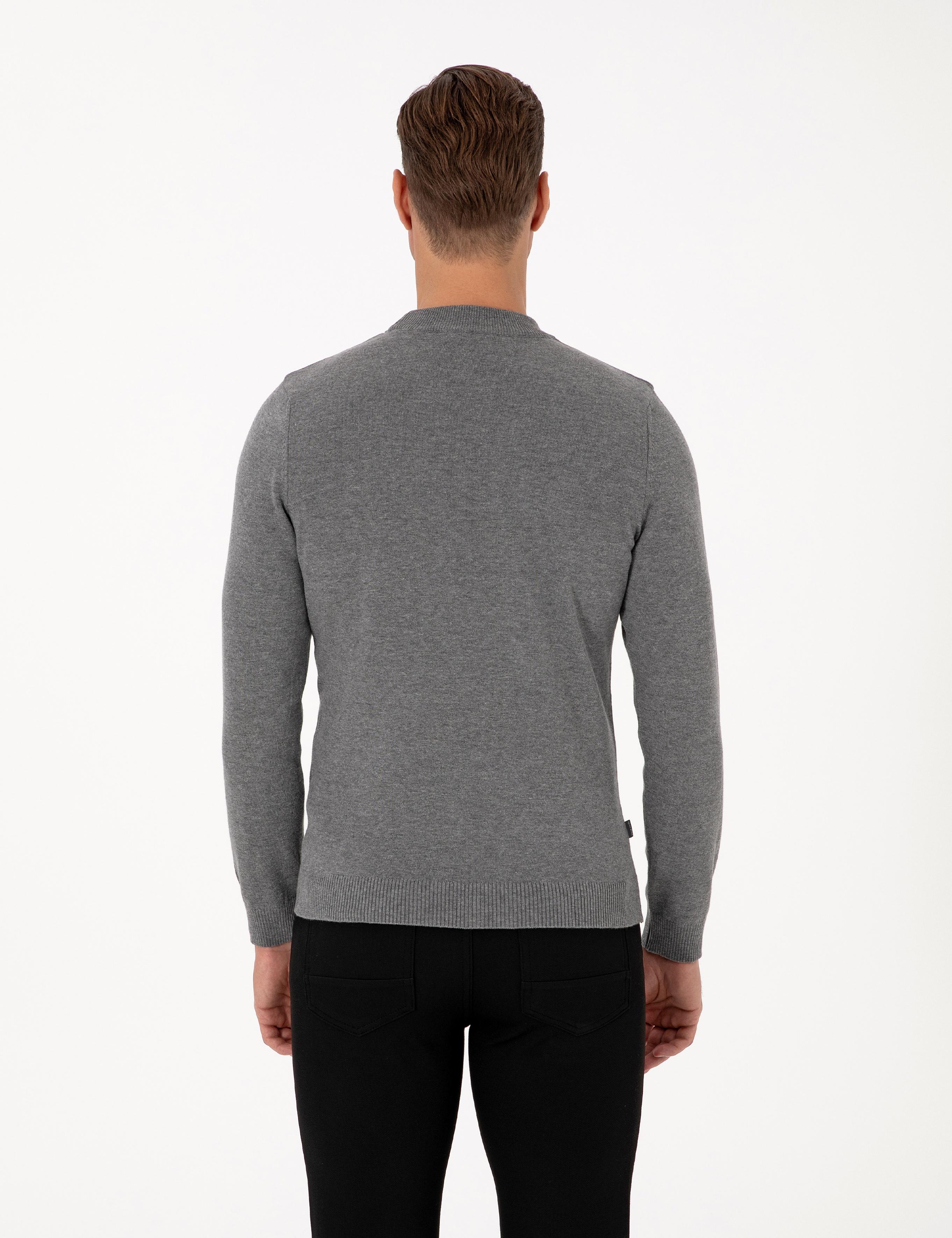 Gri Melanj Slim Fit Çeyrek Yaka Basic Triko Kazak