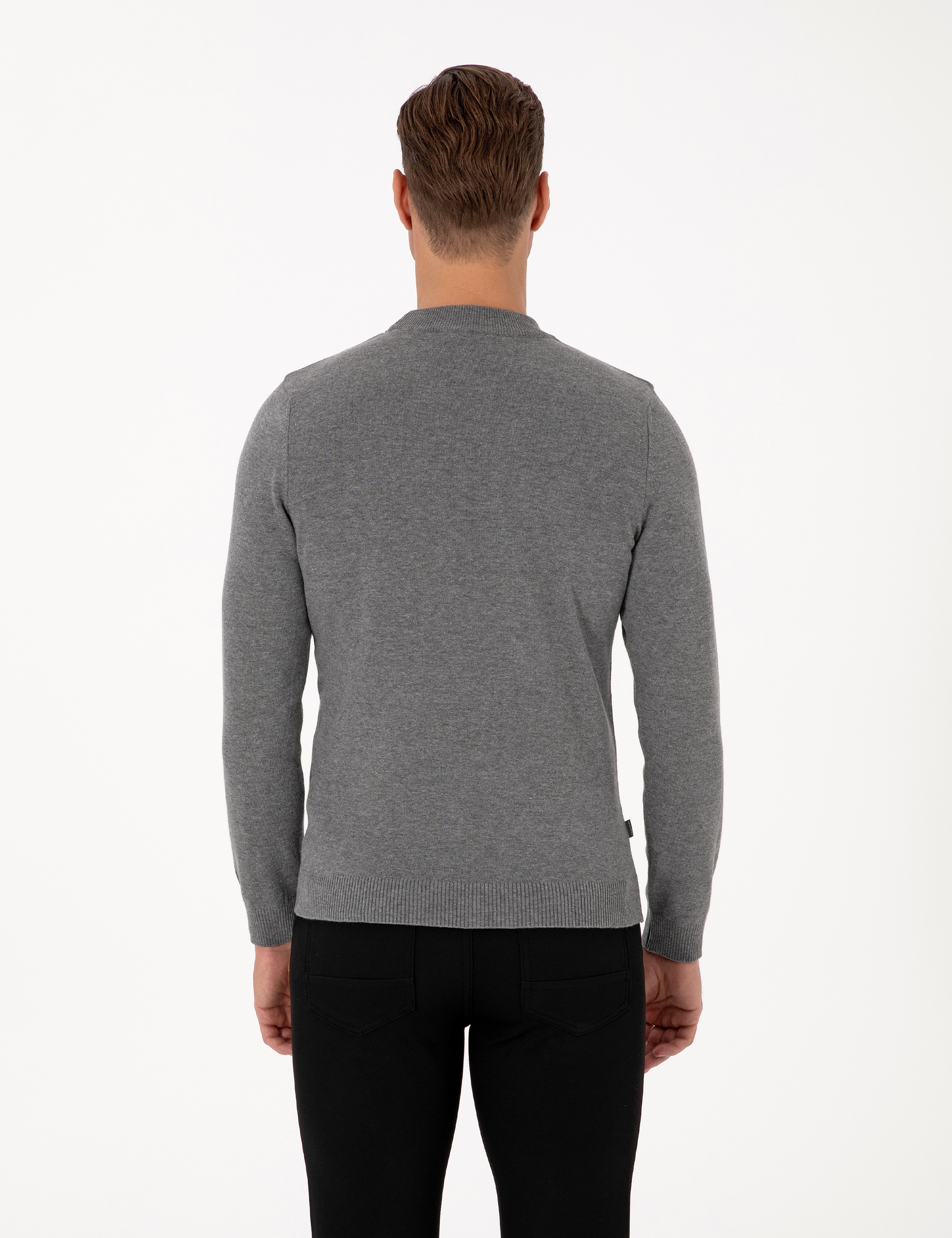 Gri Melanj Slim Fit Çeyrek Yaka Basic Triko Kazak