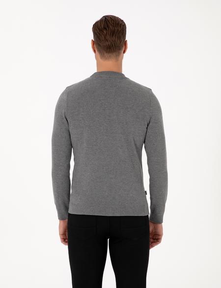 Gri Melanj Slim Fit Çeyrek Yaka Basic Triko Kazak - 50315456036