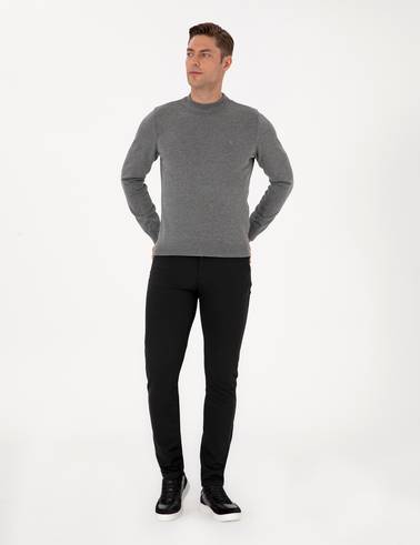 Gri Melanj Slim Fit Çeyrek Yaka Basic Triko Kazak