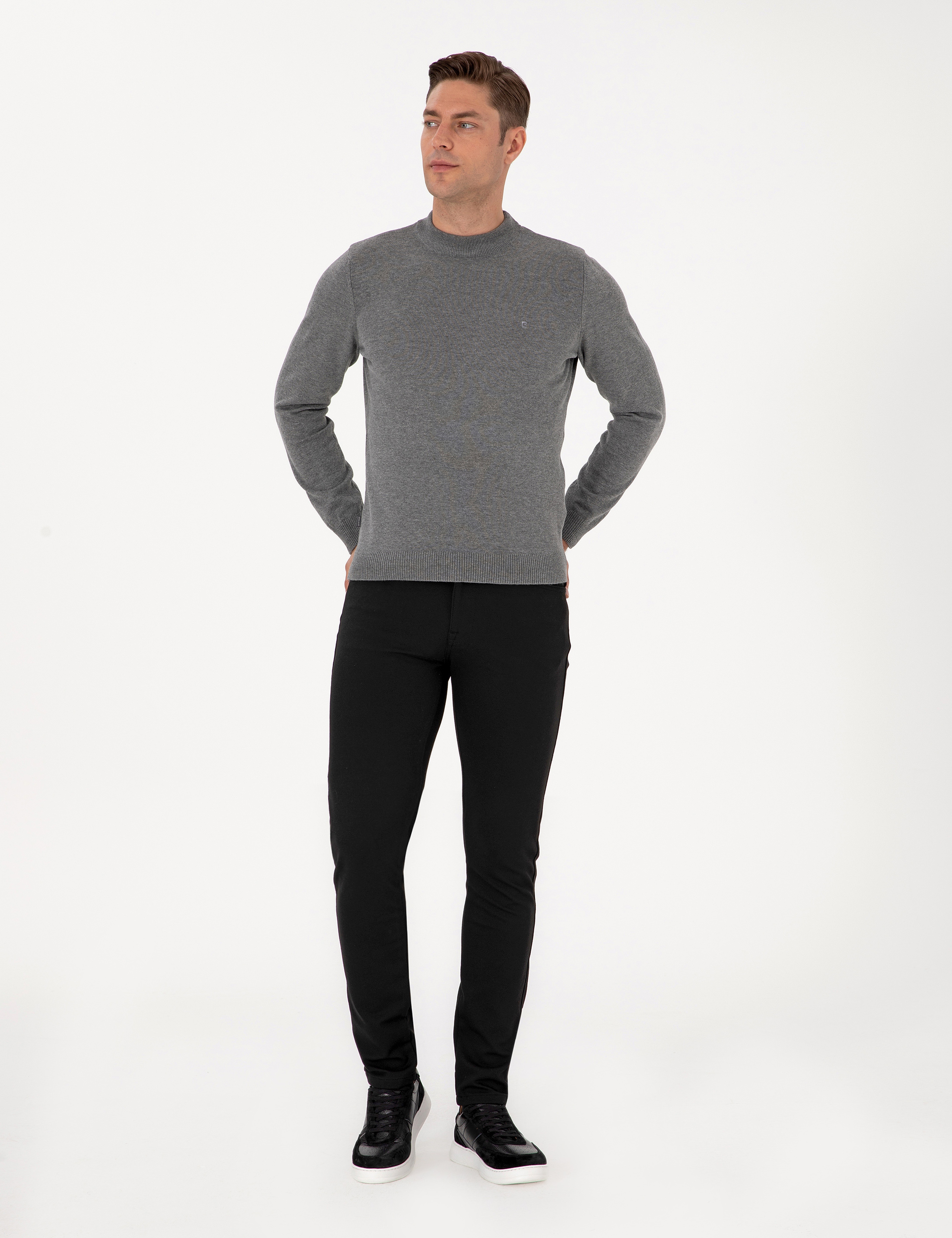 Gri Melanj Slim Fit Çeyrek Yaka Basic Triko Kazak