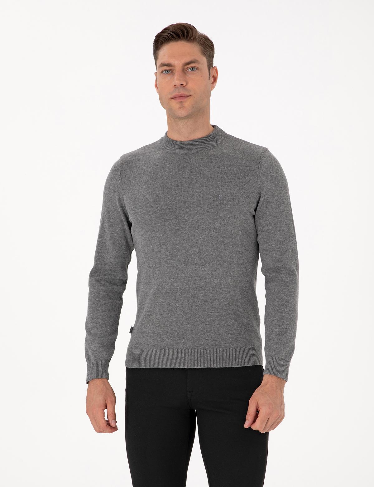 Gri Melanj Slim Fit Çeyrek Yaka Basic Triko Kazak